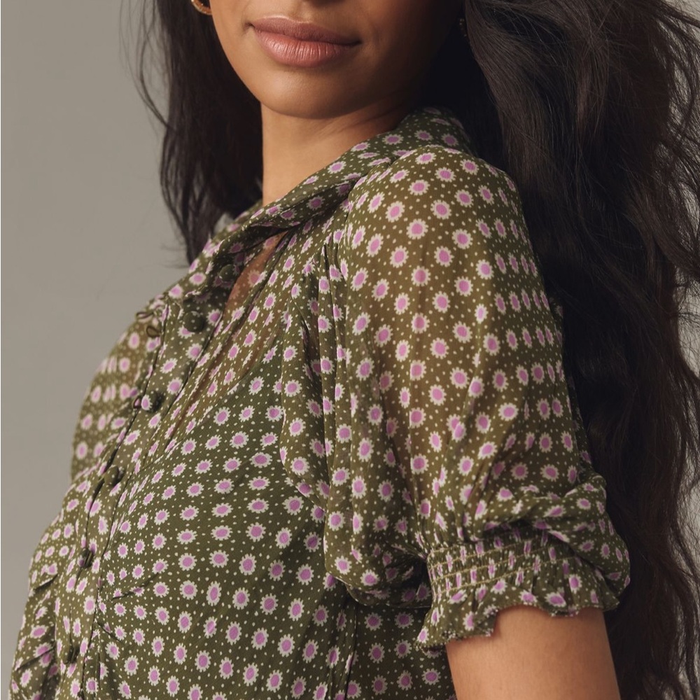 By Anthropologie Puff-Sleeve Ruched Mesh Midi Shirt Dress - Picture 7 of 7